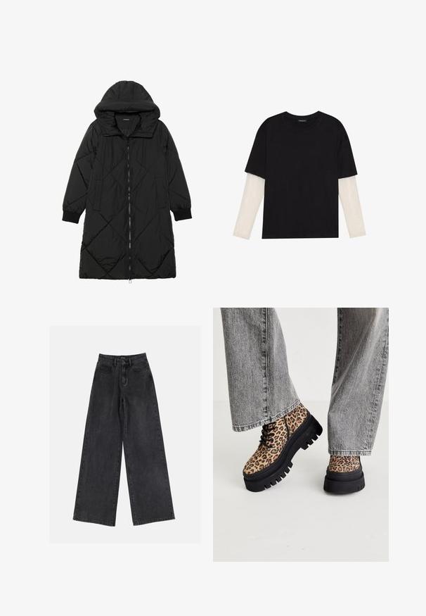 Svart quiltet puffjakke med hette, med glidelås, sidelommer og elastiske mansjetter. Glatt, vannavvisende stoff.; Svart T-skjorte laget av bomull, med korte ermer over et hvitt langermet lag med en subtil teksturert mønster. Rund hals design.; Svart bred ben jeans i denim med høy midje, klassisk fem-lommers design og subtil fading. Holdbart stoff med en jevn tekstur.; Steve Madden COAST - Snørestøvletter - brown/multi-coloured