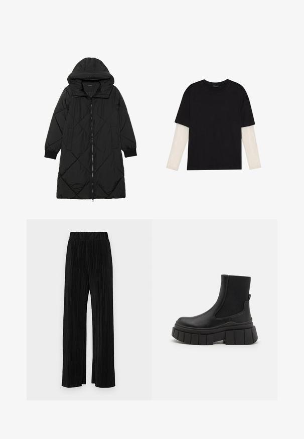 Geacă puffer neagră, matlasată, cu glugă, având închidere cu fermoar, buzunare laterale și manșete elastice. Material neted, rezistent la apă.; Tricou negru din bumbac, cu mâneci scurte, peste un strat alb cu mâneci lungi, având un model texturat subtil. Design cu guler rotund.; Pantaloni negri plisati cu talie elastică. Prezintă picioare largi și un material neted, texturat, cu dungi verticale.; Boots negri până la glezne, realizate din piele netedă, cu panouri laterale elastice, o talpă platformă robustă și un design texturat al tălpii.