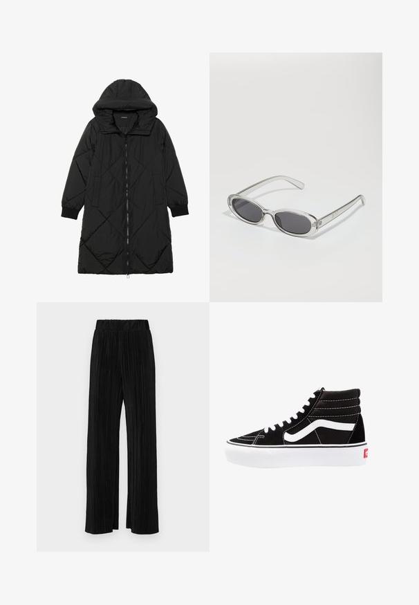 Fekete steppelt pufi kabát kapucnival, cipzáras záródással, oldalsó zsebekkel és elasztikus mandzsettákkal. Simább, vízlepergető anyag.; Fekete pamut póló, rövid ujjal, fehér hosszú ujjú réteg fölött, finom textúrával. Kerek nyakkivágású dizájn.; Fekete pliszírozott nadrág gumis derekkal. Széles lábakkal rendelkezik, sima, texturált anyagból készült, függőleges csíkokkal.; Fekete magasszárú sportcipők fehér fűzővel, fehér logóval és kontrasztos fehér varrással. Vastag fehér talppal és texturált velúrból készült felsőrész jellemzi.; Ovális formájú napszemüveg, átlátszó műanyag keret, sötétszürke lencsék és vékony, átlátszó szárak, logóakkcentussal és minimális díszítéssel.