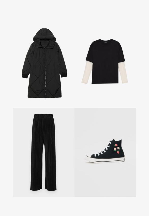 Svart quiltet puffjakke med hette, med glidelås, sidelommer og elastiske mansjetter. Glatt, vannavvisende stoff.; Svart T-skjorte laget av bomull, med korte ermer over et hvitt langermet lag med en subtil teksturert mønster. Rund hals design.; Sorte plisserte bukser med elastisk midje. Har vide ben og et glatt, strukturert stoff med vertikale striper.; Converse CHUCK TAYLOR ALL STAR - Høye joggesko - black/soft red/green