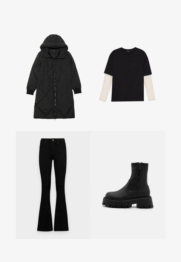 Musta tikattu puhvittakki hupulla, jossa on vetoketjukiinnitys, sivutaskut ja elastiset hihansuut. Sujuva, vettä hylkivä kangas.; Mustapaita, joka on valmistettu puuvillasta ja jossa on lyhyet hihat valkoisen pitkähihasen kerroksen päällä, jossa on hienovarainen teksturoitu kuvio. Pyöreä kaula-aukko.; Mustat korkeavyötäröiset farkut nappi- ja vetskariyläosalla, etutaskuilla ja levenevillä lahkeilla, asetettuna tasaisesti valkoista taustaa vasten.; Mustat nilkkurit, jotka on valmistettu mattapintaisesta synteettisestä materiaalista, ja joissa on sivuvetoketju, paksu platform-pohja sahalaitaisin reunoineen sekä vahvistetut saumat.