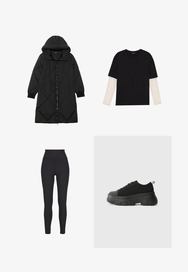 Crna tkanina sa štepom puffer kaput s kapuljačom, sa zatvaračem na zip, bočnim džepovima i elastičnim manžetama. Glatka, vodootporna tkanina.; Crni majica od pamuka, s kratkim rukavima preko bijele dugorukave slojevite s suptilnim teksturiranim uzorkom. Dizajn s okruglim izrezom.; Visoke crne tajice od rastezljivog materijala, s glatkom teksturom i dizajnom koji se prilagođava tijelu, bez vidljivih šavova ili uzoraka.; Crne tenisice s debelim gumenenim potplatom, teksturiranim gornjim dijelom od tkanine, okruglim vrhom i dizajnom s vezicama. Imaju pojačane rupice za vezice i dodatak za povlačenje straga.