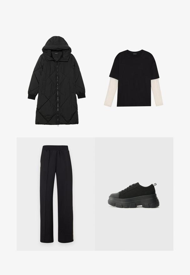 Black quilted puffer coat with a hood, featuring a zip closure, side pockets, and elastic cuffs. Smooth, water-resistant fabric.; Black T-shirt made of cotton, featuring short sleeves over a white long-sleeve layer with a subtle textured pattern. Crew neckline design.; Black, wide-leg pants featuring a stretchy, elastic waistband and a smooth texture. No visible patterns or accents.; Black sneakers with a chunky rubber sole, textured fabric upper, round toe, and lace-up design. Features reinforced eyelets and back pull tab.