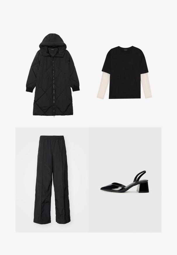 Casaco puffer acolchoado preto com capuz, apresentando um fecho de correr, bolsos laterais e punhos elásticos. Tecido suave e à prova d'água.; T-shirt preta de algodão, com mangas curtas sobre uma camada de mangas longas branca com um padrão texturizado subtil. Design de decote redondo.; Calças largas pretas com uma cintura elástica, apresentando uma textura suave e detalhes nas costuras laterais para um design adicional.; Sandy em verniz preto com salto slingback, ponta afilada e salto geométrico. Apresenta um design elegante e minimalista com textura suave.