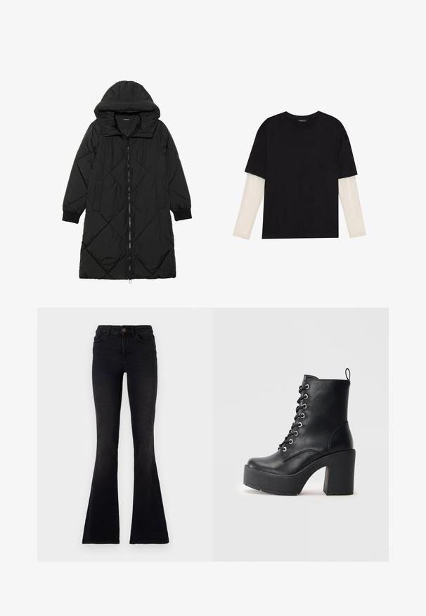 Schwarze, gesteppten Puffermantel mit Kapuze, ausgestattet mit einem Reißverschluss, seitlichen Taschen und elastischen Bündchen. Glattes, wasserabweisendes Material.; Schwarzes T-Shirt aus Baumwolle mit kurzen Ärmeln über einer weißen Langarmschicht, die ein dezentes strukturiertes Muster aufweist. Rundhalsausschnitt.; Schwarze, ausgestellte Jeans aus Denim. Hohe Taille mit einem Knopfverschluss, elegantes Design und ausgeprägte, ausgestellte Beine am Saum.; Schwarze Leder-Ankle-Boots mit klobigem Blockabsatz, Schnürung vorne und strukturierter Oberfläche. Mit einer Lasche auf der Rückseite für einfaches Anziehen.
