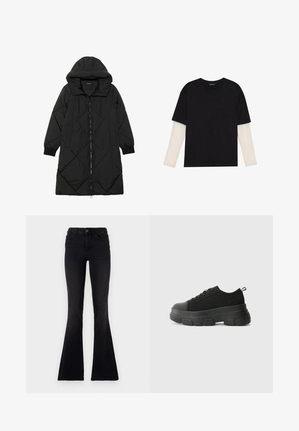 Czarna pikowana kurtka puchowa z kapturem, z zapięciem na zamek, bocznymi kieszeniami i elastycznymi mankietami. Gładki, wodoodporny materiał.; Czarny T-shirt wykonany z bawełny, z krótkimi rękawami na białej warstwie z długim rękawem z delikatnym teksturowanym wzorem. Projekt z okrągłym dekoltem.; Czarne dżinsowe spodnie w fasonie dzwonów. Wysoki stan z zapięciem na guzik, elegancki krój i wyraźnie rozszerzane nogawki u dołu.; Czarne sneakersy z masywną gumową podeszwą, teksturowaną górną częścią, okrągłym noskiem i sznurowanym zapięciem. Posiadają wzmocnione oczka i pętelkę z tyłu.