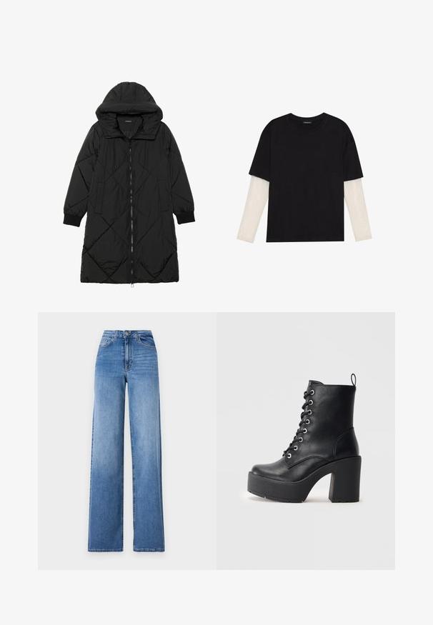 Casaco puffer acolchoado preto com capuz, apresentando um fecho de correr, bolsos laterais e punhos elásticos. Tecido suave e à prova d'água.; T-shirt preta de algodão, com mangas curtas sobre uma camada de mangas longas branca com um padrão texturizado subtil. Design de decote redondo.; Jeans de perna larga azul claro feitos de denim, com cintura alta, bolsos frontais e fecho de botão padrão. Textura suave.; Botim de pele preta até ao tornozelo com um salto bloco chunky, frente com atacadores e superfície texturizada. Apresenta uma lingueta na parte de trás para um uso fácil.