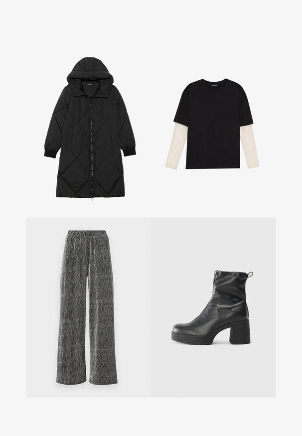 Casaco puffer acolchoado preto com capuz, apresentando um fecho de correr, bolsos laterais e punhos elásticos. Tecido suave e à prova d'água.; T-shirt preta de algodão, com mangas curtas sobre uma camada de mangas longas branca com um padrão texturizado subtil. Design de decote redondo.; Calças largas em um material texturizado preto e prata, com um cós elástico ajustado e padrão de riscas verticais.; Botas de tornozelo pretas feitas de couro liso, com fecho lateral, salto grosso texturizado e design de bico arredondado.