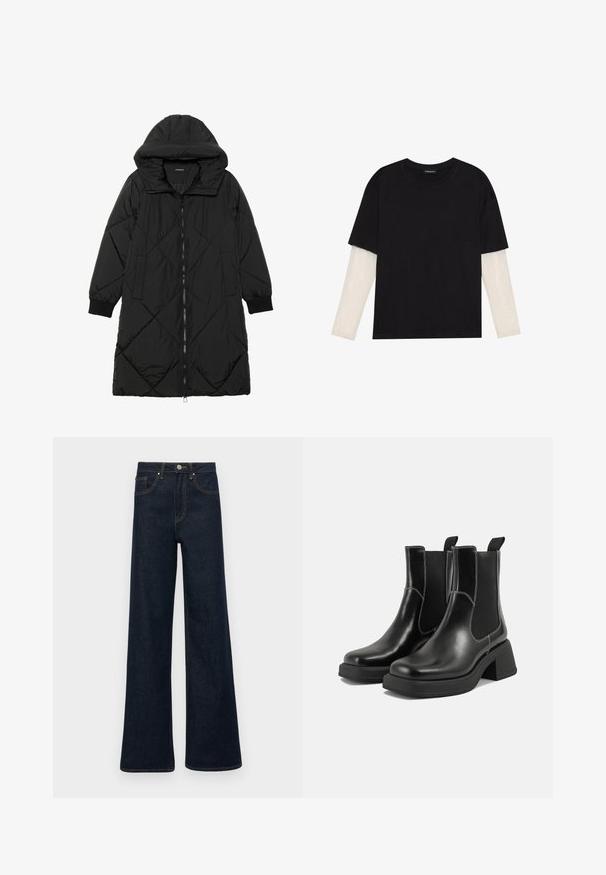 Černá prošívaná péřová bunda s kapucí, vybavená zipovým zapínáním, bočními kapsami a elastickými manžetami. Hladká, voděodolná tkanina.; Černé tričko z bavlny s krátkým rukávem, pod kterým je bílá podvlékací halenka s dlouhým rukávem a jemným texturovaným vzorem. Design s kulatým výstřihem.; Tmavě modré džínové kalhoty s širokými nohavicemi, předními kapsami, poutky na opasek a zapínáním na knoflík.; Černé kožené chelsea boty s masivním podpatkem, elastickými bočními panely a kontrastním bílým prošitím. Texturovaný povrch.
