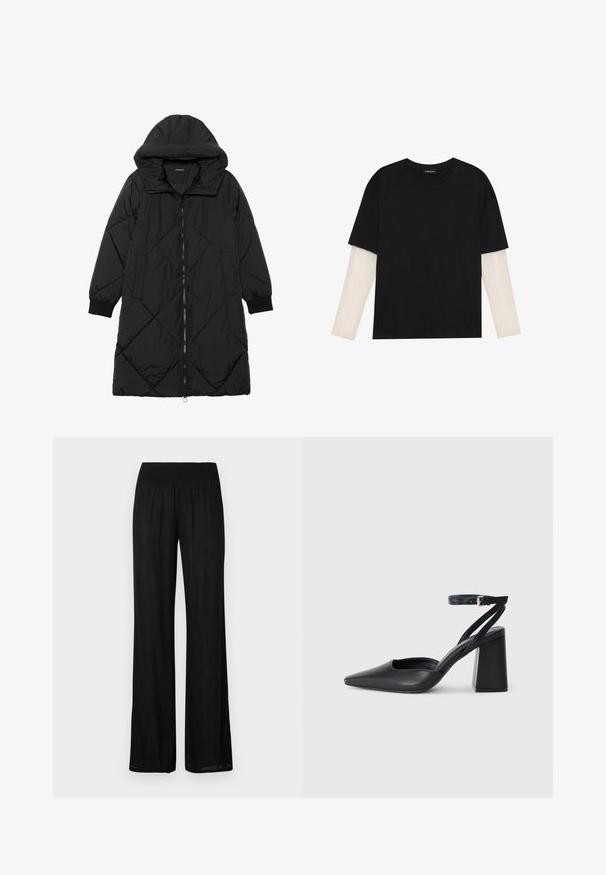 Cappotto imbottito nero trapuntato con cappuccio, caratterizzato da chiusura con zip, tasche laterali e polsini elastici. Tessuto liscio e resistente all'acqua.; T-shirt nera in cotone con maniche corte sopra un sotto manica lunga bianca, caratterizzata da una sottile texture. Design con scollo rotondo.; Pantaloni neri a gamba larga con vita elasticizzata, realizzati in tessuto leggero con una sottile texture e un taglio dritto e fluido.; Pump in pelle nera con punta affusolata, cinturino alla caviglia e tacco spesso. Texture piatta, design elegante ed estetica minimalista.