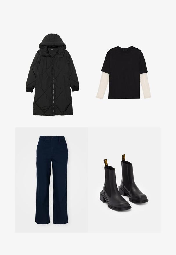 Čierna prešívaná páperová bunda s kapucňou, so zipsom, bočnými vreckami a elastickými manžetami. Hladká, vodeodolná tkanina.; Čierne tričko z bavlny, s krátkymi rukávmi cez biele tričko s dlhým rukávom, s jemným textúrovaným vzorom. Design s okrúhlym výstrihom.; Námornícky modré nohavice s širokými nohavicami vyrobené z bavlny, so zapínaním na gombík, prednými vreckami a jemnými švíkmi. Strih prispôsobený pre pohodlie.; Čierne členkové topánky vyrobené z hladkej kože s elastickými bočnými panelmi, štvorcovou špičkou a masívnym podpätkom. Majú žlté značkové úchyty na ťahanie.