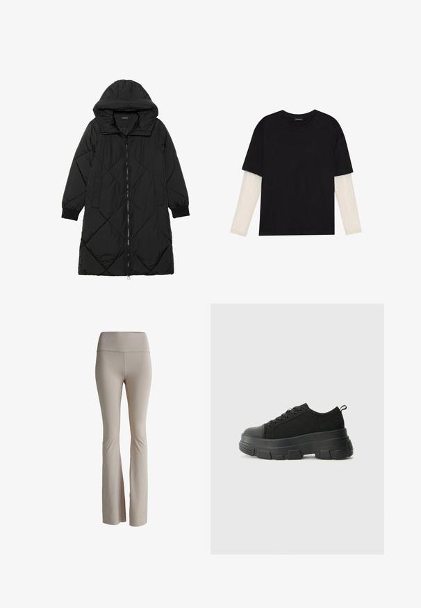 Zwarte gewatteerde pufferjas met een capuchon, voorzien van een ritssluiting, zijzakken en elastische manchetten. Glad, waterafstotend materiaal.; Zwarte T-shirt van katoen, met korte mouwen over een witte lange mouw laag met een subtiel textuurpatroon. Ronde hals ontwerp.; Beige flared leggings van rekbaar materiaal. Hoge tailleband met subtiele branding. Zachte textuur zonder zichtbare naden of patronen.; Zwarte sneakers met een stevige rubberen zool, textiel bovenwerk, ronde neus en vetersluiting. Beschikt over versterkte oogjes en een trekstrip aan de achterkant.