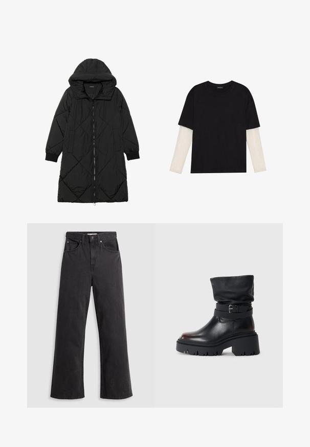 Juodas siūtais pūkų paltas su gobtuvu, turintis užtrauktuką, šonines kišenes ir elastines rankoves. Lygus, vandeniui atsparus audinys.; Juodas medvilninis marškinėliai su trumpomis rankovėmis, virš baltos ilgo rankovio sluoksnio, turinčio subtilų tekstūrinį raštą. Apvalus iškirpimas.; Juodi džinsai plačiais kojomis, aukštu juosmeniu, su penkiomis kišenėmis ir metaliniu mygtuko užsegimu. Audinys turi lygų, šiek tiek nublukusį paviršių.; Juodas odinis kulkšninis botas su laisva viršūne, sagtimi ir storu, tvirtu padu. Yra apvalus pirštas ir lygus paviršius.