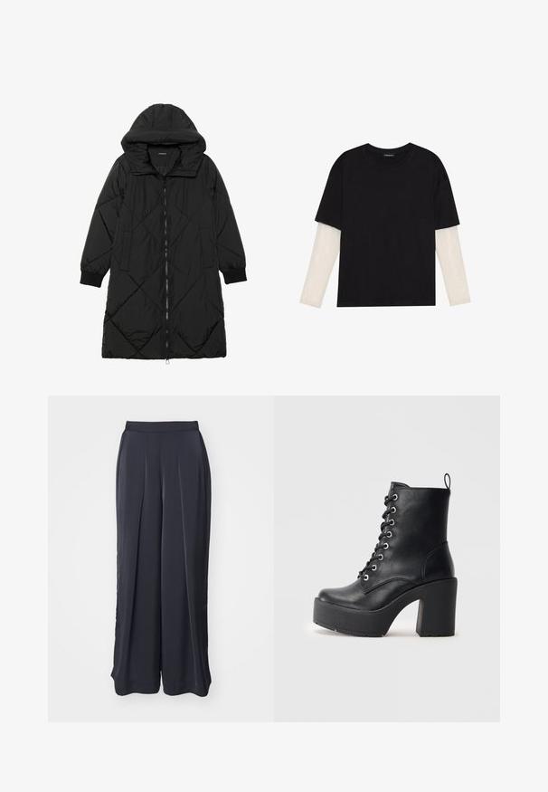 Melnas quiltētas pūkara mētelis ar kapuci, ar rāvējslēdzēja aizdari, sānu kabatām un elastīgām aprocēm. Gluda, ūdensizturīga auduma.; Melna kokvilnas T-kreklu ar īsām piedurknēm, virs baltas garām piedurknēm ar smalku teksturētu rakstu. Apaļas kakla izgriezuma dizains.; Melni plaši bikses ar krokām priekšpusē, izgatavotas no gluda auduma. Iespējas ietver elastīgu jostasvietu un tīru apmale.; Melnas ādas potītes zābaki ar masīvu blokveida papēdi, auklu aizdari un teksturētu virsmu. Iekļauts aizmugurē esošs cilpiņas elements vieglai uzvilkšanai.