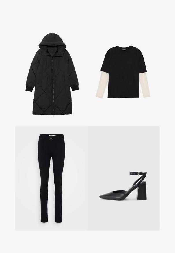 Cappotto imbottito nero trapuntato con cappuccio, caratterizzato da chiusura con zip, tasche laterali e polsini elastici. Tessuto liscio e resistente all'acqua.; T-shirt nera in cotone con maniche corte sopra un sotto manica lunga bianca, caratterizzata da una sottile texture. Design con scollo rotondo.; Leggings neri su misura con una texture liscia. Forma aderente, con un accento dorato in vita. Senza tasche visibili.; Pump in pelle nera con punta affusolata, cinturino alla caviglia e tacco spesso. Texture piatta, design elegante ed estetica minimalista.