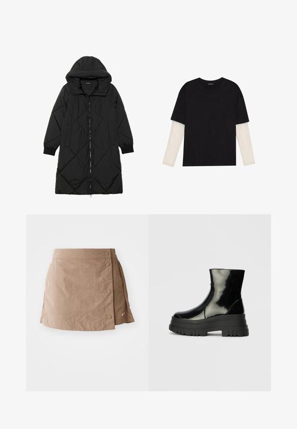 Juodas siūtais pūkų paltas su gobtuvu, turintis užtrauktuką, šonines kišenes ir elastines rankoves. Lygus, vandeniui atsparus audinys.; Juodas medvilninis marškinėliai su trumpomis rankovėmis, virš baltos ilgo rankovio sluoksnio, turinčio subtilų tekstūrinį raštą. Apvalus iškirpimas.; Šviesiai ruda sijonas su lygia tekstūra, turintis apvalkalo dizainą, šonines sagų detales ir mažą logotipą arti krašto.; Juodas blizgus kulkšninis botas su storu iškilniu padu ir apvaliu pirštu, šoninis vaizdas ant vientiso šviesiai pilko fono.