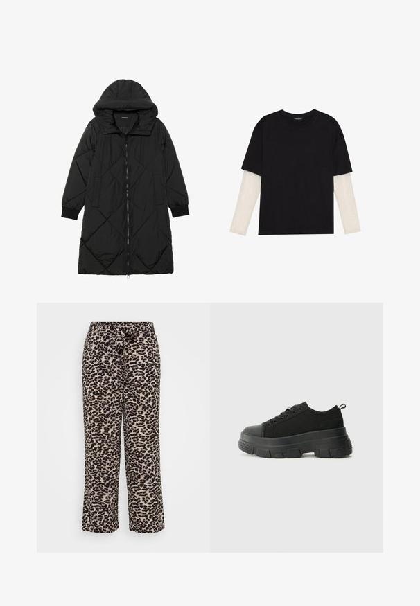 Black quilted puffer coat with a hood, featuring a zip closure, side pockets, and elastic cuffs. Smooth, water-resistant fabric.; Black T-shirt made of cotton, featuring short sleeves over a white long-sleeve layer with a subtle textured pattern. Crew neckline design.; Wide-leg pants made of soft fabric, featuring a leopard print pattern in beige and black. Adjustable waistband with a tie detail.; Black sneakers with a chunky rubber sole, textured fabric upper, round toe, and lace-up design. Features reinforced eyelets and back pull tab.