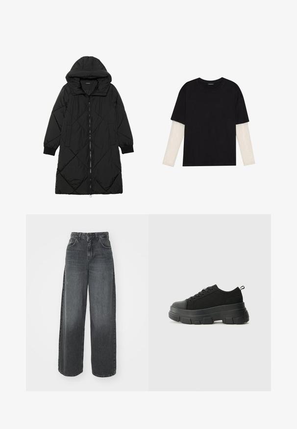 Black quilted puffer coat with a hood, featuring a zip closure, side pockets, and elastic cuffs. Smooth, water-resistant fabric.; Black T-shirt made of cotton, featuring short sleeves over a white long-sleeve layer with a subtle textured pattern. Crew neckline design.; LTB OLYA - Relaxed fit jeans - soline wash; Black sneakers with a chunky rubber sole, textured fabric upper, round toe, and lace-up design. Features reinforced eyelets and back pull tab.