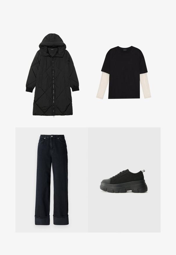 Must-havesinise mustris quiltitudis puffer jakk, millel on kapuuts, tõmblukk, küljetaskud ja elastsed varrukad. Sile, veekindel kangas.; Mustmust särk, mis on valmistatud puuvillast, lühikeste varrukatega, valge pika varrukaga kihi peal, millel on peene tekstuuriga muster. Ümar kaelus.; Tumedast sinine denim laiad püksid kõrge vöökoha ja nupuga sulgemisega, viie tasku ja keeratud servadega.; Mustad mustad mustikad, millel on tugev kummist põhi, tekstuuriga kangast pealis, ümar varvas ja seotud disain. Omab tugevdatud silmuseid ja tagumist tõmbeotsta.