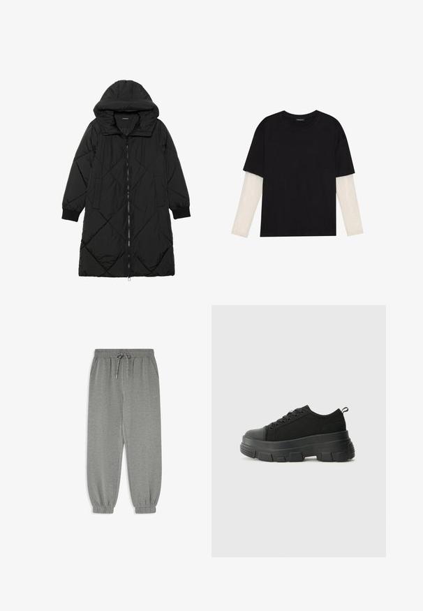 Crna tkanina sa štepom puffer kaput s kapuljačom, sa zatvaračem na zip, bočnim džepovima i elastičnim manžetama. Glatka, vodootporna tkanina.; Crni majica od pamuka, s kratkim rukavima preko bijele dugorukave slojevite s suptilnim teksturiranim uzorkom. Dizajn s okruglim izrezom.; Sive trenirke s uskim nogavicama, elastičnim pojasom i vezicom, s bočnim džepovima i elastičnim manžetama na gležnjevima.; Crne tenisice s debelim gumenenim potplatom, teksturiranim gornjim dijelom od tkanine, okruglim vrhom i dizajnom s vezicama. Imaju pojačane rupice za vezice i dodatak za povlačenje straga.