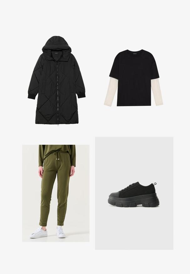 Zwarte gewatteerde pufferjas met een capuchon, voorzien van een ritssluiting, zijzakken en elastische manchetten. Glad, waterafstotend materiaal.; Zwarte T-shirt van katoen, met korte mouwen over een witte lange mouw laag met een subtiel textuurpatroon. Ronde hals ontwerp.; Olijfgroene joggingsbroek, elastische tailleband met trekkoord, slim fit, zachte stof, zijkanten met strepen, gecombineerd met witte sneakers.; Zwarte sneakers met een stevige rubberen zool, textiel bovenwerk, ronde neus en vetersluiting. Beschikt over versterkte oogjes en een trekstrip aan de achterkant.