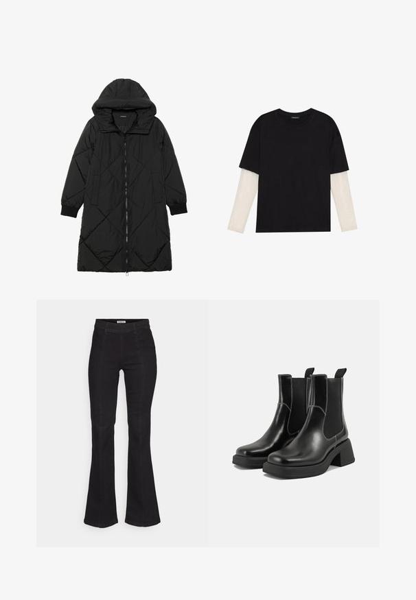 Geacă puffer neagră, matlasată, cu glugă, având închidere cu fermoar, buzunare laterale și manșete elastice. Material neted, rezistent la apă.; Tricou negru din bumbac, cu mâneci scurte, peste un strat alb cu mâneci lungi, având un model texturat subtil. Design cu guler rotund.; Jeans negri evazați din denim, cu talie înaltă, detalii subtile cu cusături frontale și un design clasic cu cinci buzunare.; Botine Chelsea din piele neagră, cu toc masiv, panouri laterale elastice și cusături albe contrastante. Finisaj texturat.