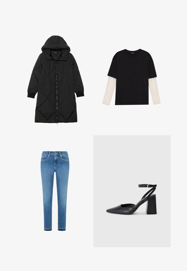 Casaco puffer acolchoado preto com capuz, apresentando um fecho de correr, bolsos laterais e punhos elásticos. Tecido suave e à prova d'água.; T-shirt preta de algodão, com mangas curtas sobre uma camada de mangas longas branca com um padrão texturizado subtil. Design de decote redondo.; Jeans justos de cor azul clara com um clássico design de cinco bolsos, fecho de botão e um leve desgaste na frente. Textura do tecido de denim visível.; Sandal com biqueira afilada em couro preto, com cinta no tornozelo e salto grosso. Textura lisa, design elegante e estética minimalista.