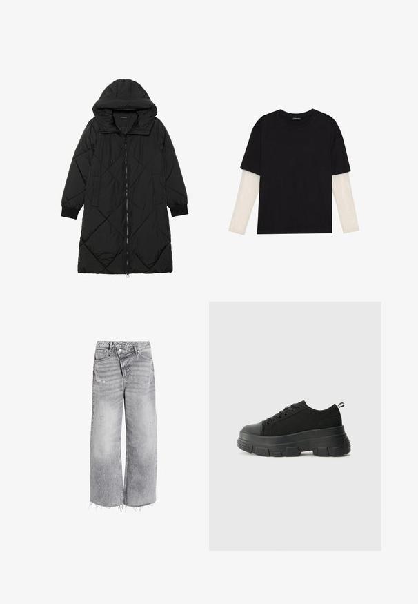 Musta tikattu puhvittakki hupulla, jossa on vetoketjukiinnitys, sivutaskut ja elastiset hihansuut. Sujuva, vettä hylkivä kangas.; Mustapaita, joka on valmistettu puuvillasta ja jossa on lyhyet hihat valkoisen pitkähihasen kerroksen päällä, jossa on hienovarainen teksturoitu kuvio. Pyöreä kaula-aukko.; Vaaleanharmaat korkeavyötäröiset leveälahkeiset farkut, joissa on kulutetut yksityiskohdat ja raaka helma. Kaksi etutaskua ja nappisulku.; Mustat urheilukengät, joissa on paksu kumipohja, teksturoitu kangasvarsi, pyöreä kärki ja nauhalukitus. Varusteena vahvistetut nauhareiät ja takana vetotanko.