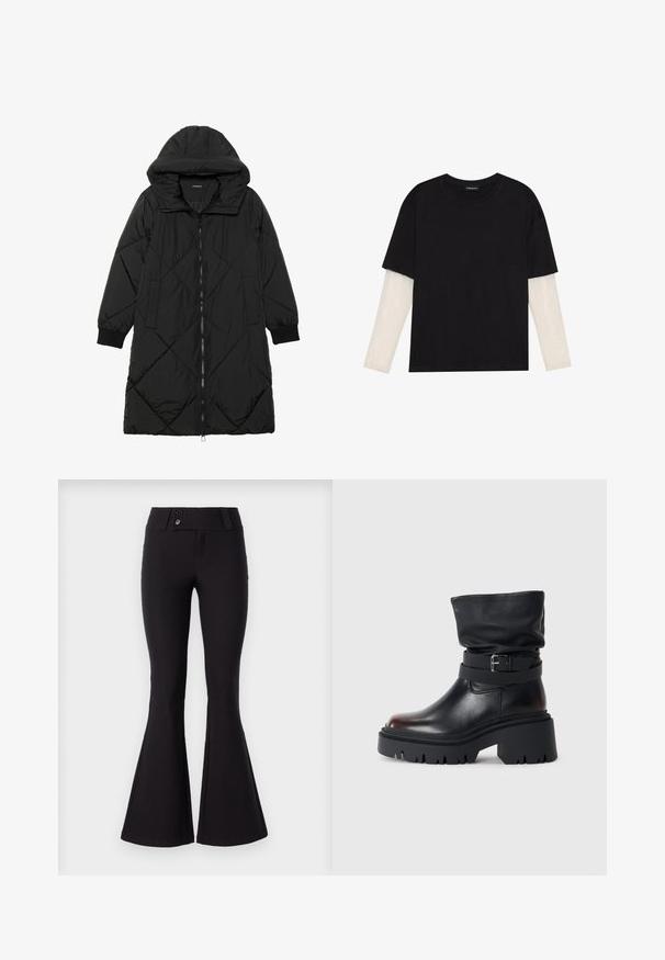 Casaco puffer acolchoado preto com capuz, apresentando um fecho de correr, bolsos laterais e punhos elásticos. Tecido suave e à prova d'água.; T-shirt preta de algodão, com mangas curtas sobre uma camada de mangas longas branca com um padrão texturizado subtil. Design de decote redondo.; Calças pretas de barra larga feitas de um tecido elástico com uma textura suave, apresentando uma cintura média e dois botões frontais.; Bota de tornozelo em couro preto com parte superior solta, detalhe em fivela e sola grossa e resistente. Apresenta bico redondo e textura suave.
