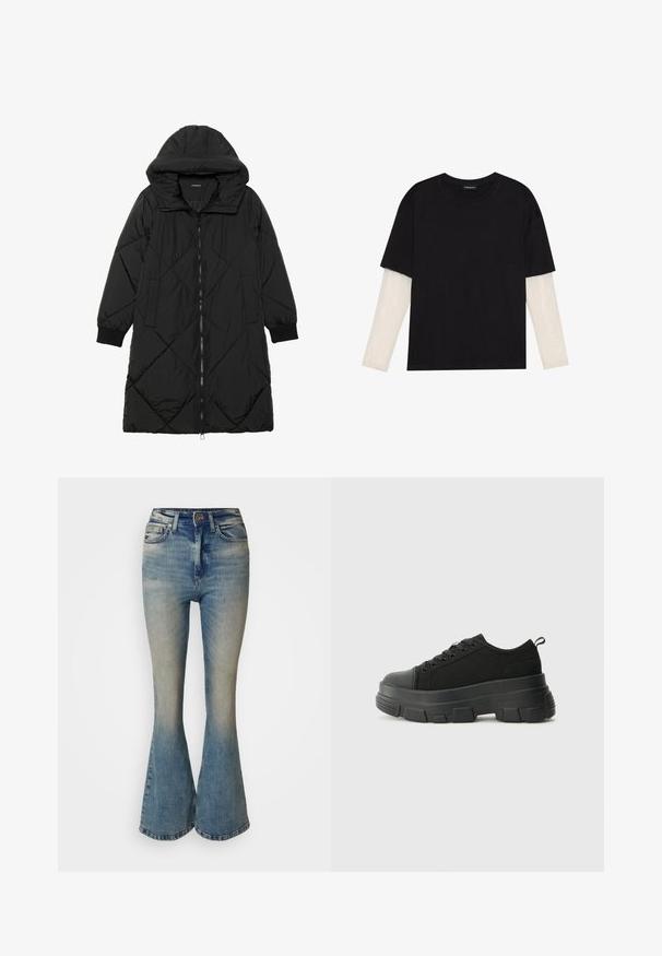 Casaco puffer acolchoado preto com capuz, apresentando um fecho de correr, bolsos laterais e punhos elásticos. Tecido suave e à prova d'água.; T-shirt preta de algodão, com mangas curtas sobre uma camada de mangas longas branca com um padrão texturizado subtil. Design de decote redondo.; Calças de ganga flare em denim azul claro com um desbotado gradual. Apresentam uma cintura alta, cinco bolsos e um fecho de botão com fecho éclair.; Sneakers pretos com sola de borracha robusta, parte superior de tecido texturizado, bico redondo e design de atacadores. Apresenta ilhós reforçados e uma alça na parte posterior.