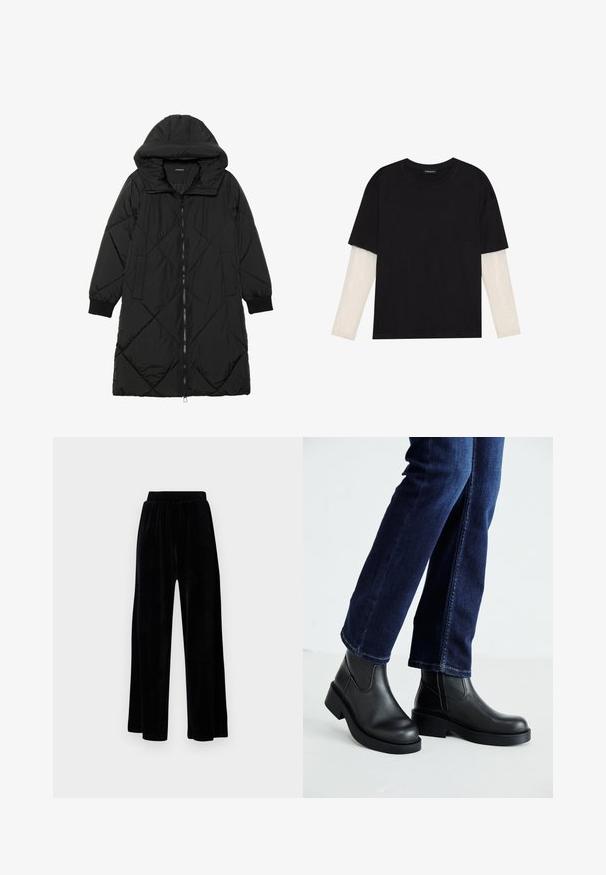 Čierna prešívaná páperová bunda s kapucňou, so zipsom, bočnými vreckami a elastickými manžetami. Hladká, vodeodolná tkanina.; Čierne tričko z bavlny, s krátkymi rukávmi cez biele tričko s dlhým rukávom, s jemným textúrovaným vzorom. Design s okrúhlym výstrihom.; Čierne široké nohavice zo soft velvetu, s elastickým pásom a hladkou textúrou, bez viditeľných detailov alebo vzorov.; Čierne kožené členkové čižmy s robustnou podrážkou a bočnými elastickými panelmi, skombinované s tmavomodrými džínami. Pôda je svetlá.