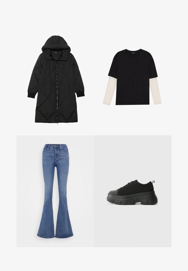 Black quilted puffer coat with a hood, featuring a zip closure, side pockets, and elastic cuffs. Smooth, water-resistant fabric.; Black T-shirt made of cotton, featuring short sleeves over a white long-sleeve layer with a subtle textured pattern. Crew neckline design.; Light blue flared jeans with a high waist, made of denim. Features a front button closure and a smooth texture.; Black sneakers with a chunky rubber sole, textured fabric upper, round toe, and lace-up design. Features reinforced eyelets and back pull tab.