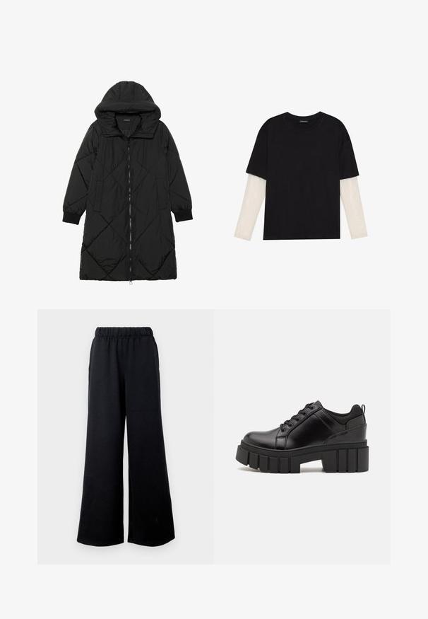 Čierna prešívaná páperová bunda s kapucňou, so zipsom, bočnými vreckami a elastickými manžetami. Hladká, vodeodolná tkanina.; Čierne tričko z bavlny, s krátkymi rukávmi cez biele tričko s dlhým rukávom, s jemným textúrovaným vzorom. Design s okrúhlym výstrihom.; Čierne široké nohavice vyrobené z jemnej, elastickej látky s elastickým pásom a bez viditeľných akcentov alebo vzorov.; Čierne kožené platformy s masívnym blokovým podpätkom, okrúhlou špičkou a tradičným šnurovaním. Má hladký povrch a minimálne detaily.