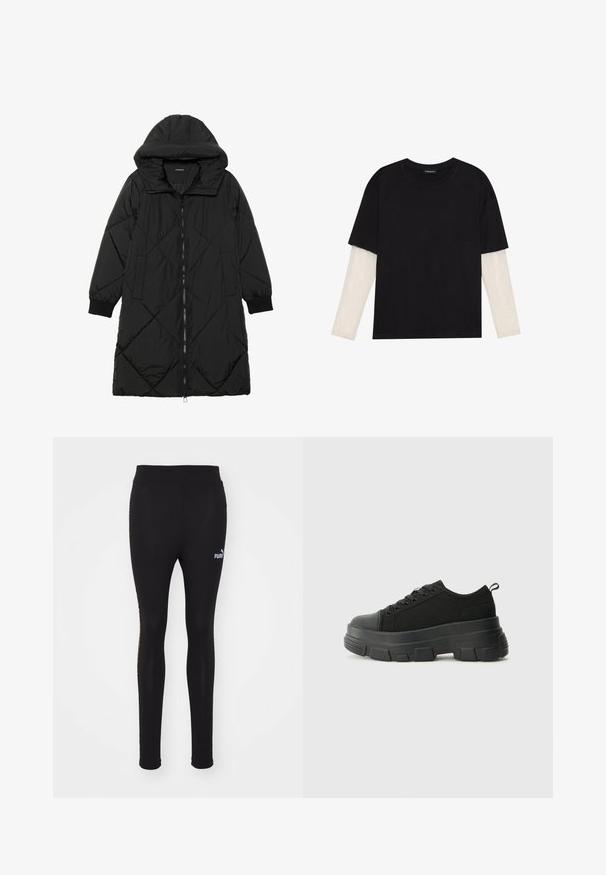 Casaco puffer acolchoado preto com capuz, apresentando um fecho de correr, bolsos laterais e punhos elásticos. Tecido suave e à prova d'água.; T-shirt preta de algodão, com mangas curtas sobre uma camada de mangas longas branca com um padrão texturizado subtil. Design de decote redondo.; Leggings pretos feitos de tecido elástico, com uma cintura alta, pernas ajustadas e um discreto logo da Puma no lado esquerdo.; Sneakers pretos com sola de borracha robusta, parte superior de tecido texturizado, bico redondo e design de atacadores. Apresenta ilhós reforçados e uma alça na parte posterior.
