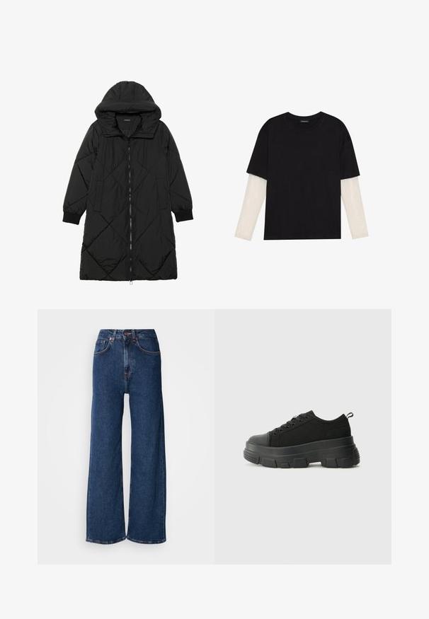 Black quilted puffer coat with a hood, featuring a zip closure, side pockets, and elastic cuffs. Smooth, water-resistant fabric.; Black T-shirt made of cotton, featuring short sleeves over a white long-sleeve layer with a subtle textured pattern. Crew neckline design.; Wide-leg jeans in dark blue denim. High-waisted design with a button closure, featuring five pockets and a clean finish at the hems.; Black sneakers with a chunky rubber sole, textured fabric upper, round toe, and lace-up design. Features reinforced eyelets and back pull tab.