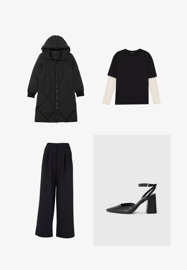 Must-havesinise mustris quiltitudis puffer jakk, millel on kapuuts, tõmblukk, küljetaskud ja elastsed varrukad. Sile, veekindel kangas.; Mustmust särk, mis on valmistatud puuvillast, lühikeste varrukatega, valge pika varrukaga kihi peal, millel on peene tekstuuriga muster. Ümar kaelus.; Laiad mustad püksid, millel on ees voldid, nööbiga sulgus ja sile tekstuur. Kohandatud disain kõrge vöökohaga.; Mustmustest must-käigukingad, millel on konksuga nöör ja paks konts. Ühtlane tekstuur, stiilne disain ja minimalistlik esteetika.