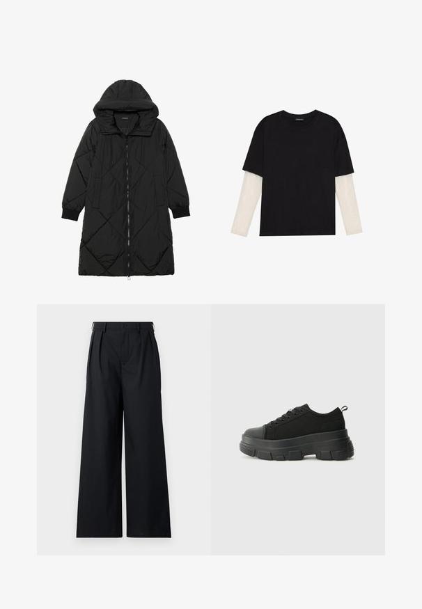 Černá prošívaná péřová bunda s kapucí, vybavená zipovým zapínáním, bočními kapsami a elastickými manžetami. Hladká, voděodolná tkanina.; Černé tričko z bavlny s krátkým rukávem, pod kterým je bílá podvlékací halenka s dlouhým rukávem a jemným texturovaným vzorem. Design s kulatým výstřihem.; Černé kalhoty s širokými nohavicemi vyrobené z hladkého materiálu, s knoflíkovým zapínáním a sklady pro zvýšení struktury. Jednoduchý, minimalistický design.; Černé tenisky s robustní gumovou podrážkou, vrchní část z texturované tkaniny, kulatá špička a šněrovací design. Obsahují zesílené okraje pro tkaničky a poutko na zadní straně.