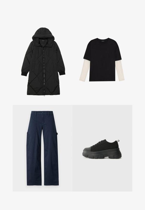 Svart quiltet puffjakke med hette, med glidelås, sidelommer og elastiske mansjetter. Glatt, vannavvisende stoff.; Svart T-skjorte laget av bomull, med korte ermer over et hvitt langermet lag med en subtil teksturert mønster. Rund hals design.; Marineblå cargo-bukser laget av bomull med løs passform, med to sidelommer, knappelukking og synlige sømdetaljer.; Svarte sneakers med en kraftig gummisåle, teksturert stoffoverdel, rund tå og snøring. Har forsterkede snørehull og bakre trekkstang.