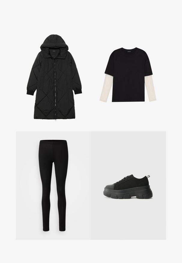 Fekete steppelt pufi kabát kapucnival, cipzáras záródással, oldalsó zsebekkel és elasztikus mandzsettákkal. Simább, vízlepergető anyag.; Fekete pamut póló, rövid ujjal, fehér hosszú ujjú réteg fölött, finom textúrával. Kerek nyakkivágású dizájn.; Fekete leggings, puha, rugalmas anyagból készült. Karcsú szabású, rugalmas derékkal és sima, matt felszínnel rendelkezik.; Fekete sportcipők vastag gumitalppal, texturált szövet felsőrésszel, kerek orral és fűzős kialakítással. Megerősített fűzőlyukakkal és hátsó húzófüllel rendelkezik.