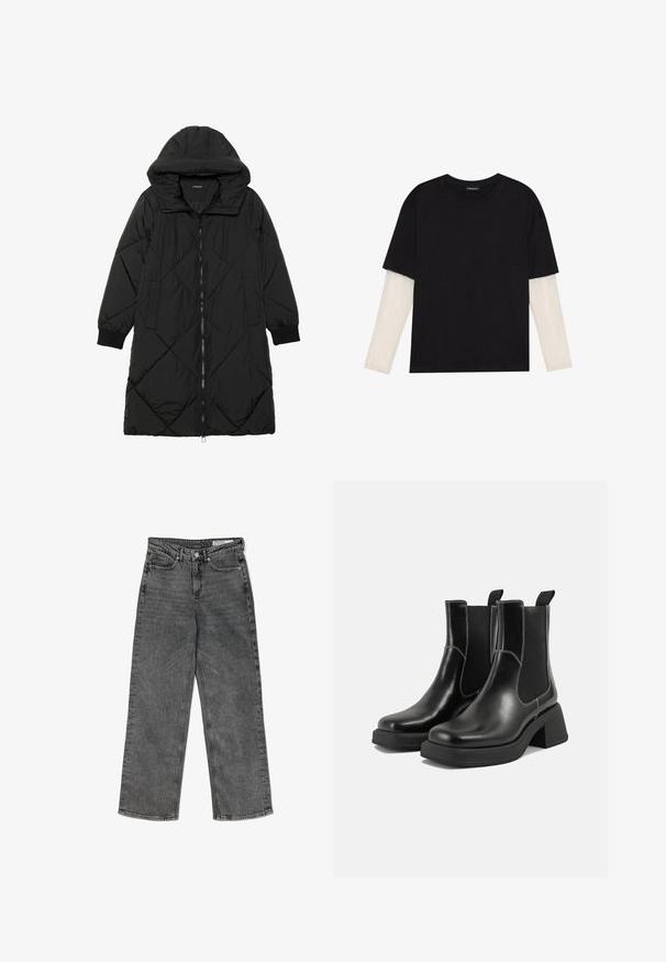 Svart quiltet puffjakke med hette, med glidelås, sidelommer og elastiske mansjetter. Glatt, vannavvisende stoff.; Svart T-skjorte laget av bomull, med korte ermer over et hvitt langermet lag med en subtil teksturert mønster. Rund hals design.; Høytlivde svarte, vaskede jeans med rette ben, frontlommer, beltestropper, knappelukking og en merket indvendig midjebåndlabel.; Sorte lær Chelsea støvler med en kraftig hæl, elastiske sidepaneler og kontrasterende hvid syning. Teksturert overflate.