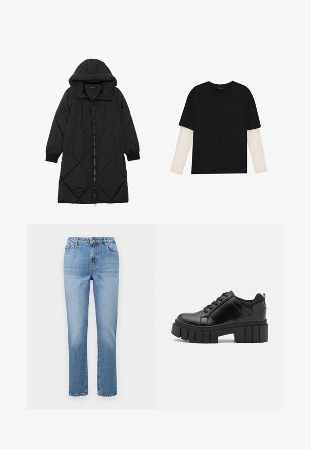 Casaco puffer acolchoado preto com capuz, apresentando um fecho de correr, bolsos laterais e punhos elásticos. Tecido suave e à prova d'água.; T-shirt preta de algodão, com mangas curtas sobre uma camada de mangas longas branca com um padrão texturizado subtil. Design de decote redondo.; Jeans de perna reta em azul claro, feitos de denim, com um cós com passantes para cinto, bolsos frontais e detalhes de desbotamento subtil.; Sapatos de plataforma em couro preto com um salto bloco robusto, bico redondo e design clássico de atacadores. Apresentam uma textura suave e detalhes mínimos.