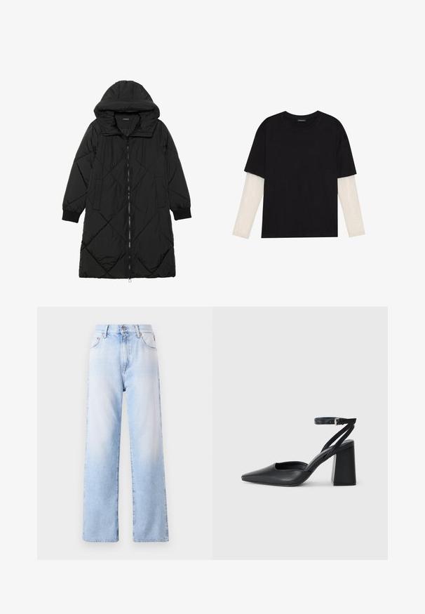 Juodas siūtais pūkų paltas su gobtuvu, turintis užtrauktuką, šonines kišenes ir elastines rankoves. Lygus, vandeniui atsparus audinys.; Juodas medvilninis marškinėliai su trumpomis rankovėmis, virš baltos ilgo rankovio sluoksnio, turinčio subtilų tekstūrinį raštą. Apvalus iškirpimas.; Šviesiai mėlynos džinsinės kelnės su aukštu juosmeniu, plačiomis tiesiomis kojomis ir subtiliu išblukimu. Yra priekinis mygtukų uždarymas ir penki kišenės.; Juoda odinė smailiagalė aukštakulnio bateliai su kulkšnies dirželiu ir storu kulnu. Lygus paviršius, elegantiškas dizainas ir minimalistiška estetinė.