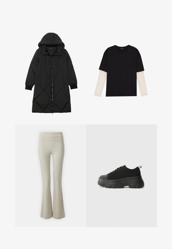 Black quilted puffer coat with a hood, featuring a zip closure, side pockets, and elastic cuffs. Smooth, water-resistant fabric.; Black T-shirt made of cotton, featuring short sleeves over a white long-sleeve layer with a subtle textured pattern. Crew neckline design.; Beige flared pants made of soft fabric, featuring a wide, elastic waistband and a smooth texture, tapering to a flared hem at the bottom.; Black sneakers with a chunky rubber sole, textured fabric upper, round toe, and lace-up design. Features reinforced eyelets and back pull tab.