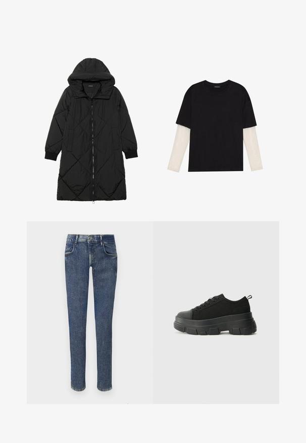 Casaco puffer acolchoado preto com capuz, apresentando um fecho de correr, bolsos laterais e punhos elásticos. Tecido suave e à prova d'água.; T-shirt preta de algodão, com mangas curtas sobre uma camada de mangas longas branca com um padrão texturizado subtil. Design de decote redondo.; Jeans de denim azul desbotado com um corte justo, cintura média, cinco bolsos e fecho de zíper. Apresenta desgaste sutil e detalhes de costura.; Sneakers pretos com sola de borracha robusta, parte superior de tecido texturizado, bico redondo e design de atacadores. Apresenta ilhós reforçados e uma alça na parte posterior.