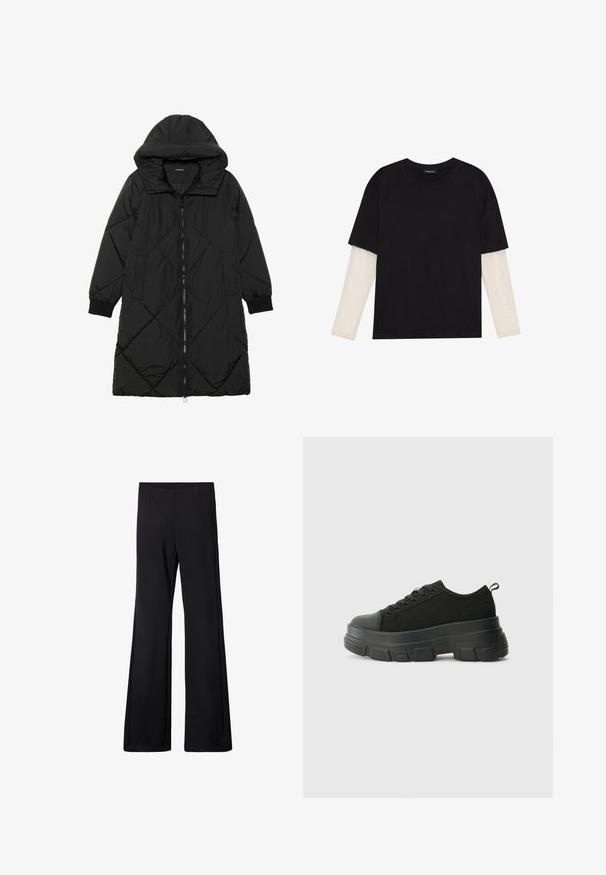 Sort quiltet pufferjakke med hætte, med lynlåslukning, sidelommer og elastiske manchetter. Glat, vandafvisende stof.; Sort T-shirt lavet af bomuld, med korte ærmer over et hvidt langærmet lag med et subtilt tekstureret mønster. Design med rund hals.; Sorte flarebukser med elastisk talje, lavet af et blødt, strækbart stof, der har en glat tekstur og ingen synlige mønstre eller hardware.; Sorte sneakers med en kraftig gummisål, tekstureret stofoverdel, rund tå og snørredesign. Har forstærkede snørrehuller og en trækkrog bagpå.