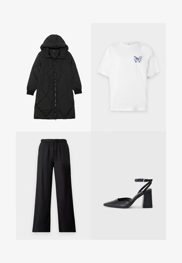 Juodas siūtais pūkų paltas su gobtuvu, turintis užtrauktuką, šonines kišenes ir elastines rankoves. Lygus, vandeniui atsparus audinys.; Balta medvilninė marškinė su spalvingu drugelio atspaudu kairėje krūtinės pusėje. Trumpomis rankovėmis ir laisvu siluetu.; Juodos plačios kelnės, pagamintos iš lengvos medžiagos, su elastinga juosmens juosta ir švelniu paviršiumi.; Juoda odinė smailiagalė aukštakulnio bateliai su kulkšnies dirželiu ir storu kulnu. Lygus paviršius, elegantiškas dizainas ir minimalistiška estetinė.