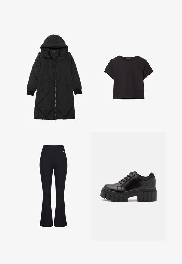 Manteau matelassé noir avec capuche, doté d'une fermeture éclair, de poches latérales et de poignets élastiques. Tissu lisse et résistant à l'eau.; Crop top noir à manches courtes en tissu doux, avec un col rond et une coupe décontractée, présentant un ourlet propre.; Pantalons noirs en tissu côtelé avec une taille haute. Texture lisse et silhouette ajustée qui s'amincit au niveau des genoux avant de s'évaser.; Chaussures à plateforme en cuir noir avec un talon bloc épais, bout rond et un design traditionnel à lacets. Elles présentent une texture lisse et un détail minimal.