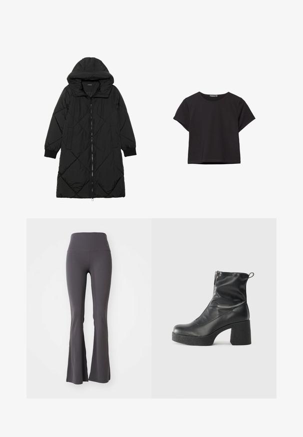 Cappotto imbottito nero trapuntato con cappuccio, caratterizzato da chiusura con zip, tasche laterali e polsini elastici. Tessuto liscio e resistente all'acqua.; Top corto a maniche corte nero, realizzato in un tessuto morbido, con scollo rotondo e una vestibilità comoda con orlo pulito.; Pantaloni yoga grigi a campana realizzati in tessuto elasticizzato. Vita alta e texture liscia, con un design aderente che si allarga verso il fondo.; Stivali neri alla caviglia in pelle liscia, con zip laterale, tacco spesso e texture, e punta arrotondata.