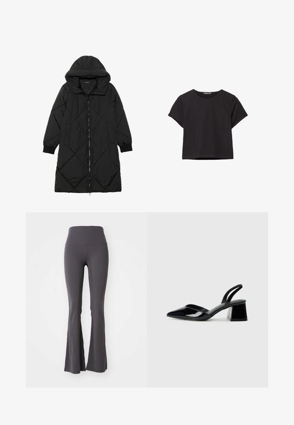 Sort quiltet pufferjakke med hætte, med lynlåslukning, sidelommer og elastiske manchetter. Glat, vandafvisende stof.; Sort kortærmet crop top lavet af blødt stof, med rund halsudskæring og en afslappet pasform med en ren nederste kant.; Grå bredde yoga bukser lavet af strækbart stof. Høj talje og glat tekstur, med en tætsiddende pasform ned til bunden.; Sorte patentlæder slingback hæle med spids tå og en geometrisk blok hæl. Har et elegant, minimalistisk design og en glat tekstur.