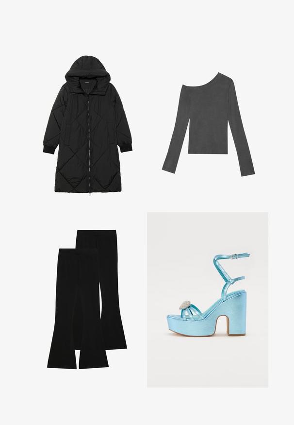 Juodas siūtais pūkų paltas su gobtuvu, turintis užtrauktuką, šonines kišenes ir elastines rankoves. Lygus, vandeniui atsparus audinys.; Pilka, ilgomis rankovėmis palaidinė su atviru pečių dizainu. Pagaminta iš minkštos medžiagos su lygiu paviršiumi ir tiesia apdaila.; Juodi platėjančių kojų džinsai, pagaminti iš elastingos medžiagos, turintys aukštą liemenį ir lygią tekstūrą, su prigludusia forma, kuri plinta nuo kelio.; Mėlynos metalinės platforminės basutės su storu kulnu, su kryžminiais dirželiais ir papuošimu ant pirštų.